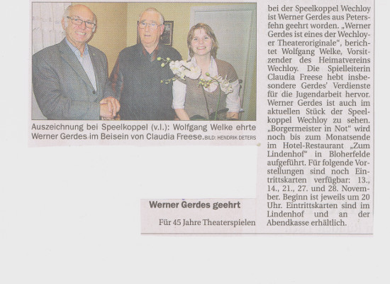  Werner Gerdes geehrt; NWZ: 13.11.2014